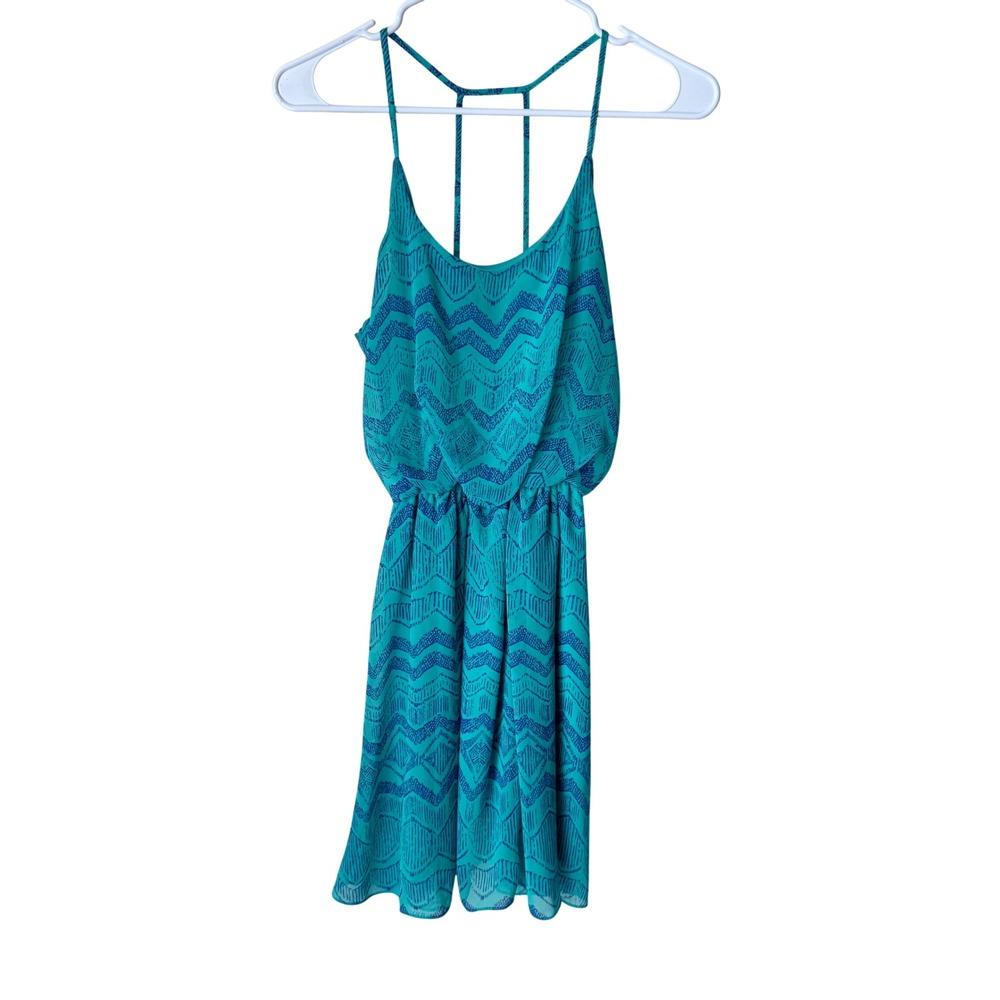 Soprano Teal Blue Chevron Chiffon T-Back Mini Dress Medium